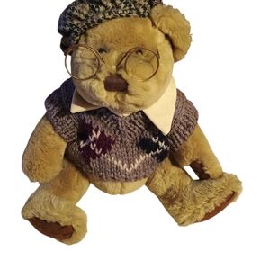 Classic Brown Teddy Bear with Sweater and Glasses